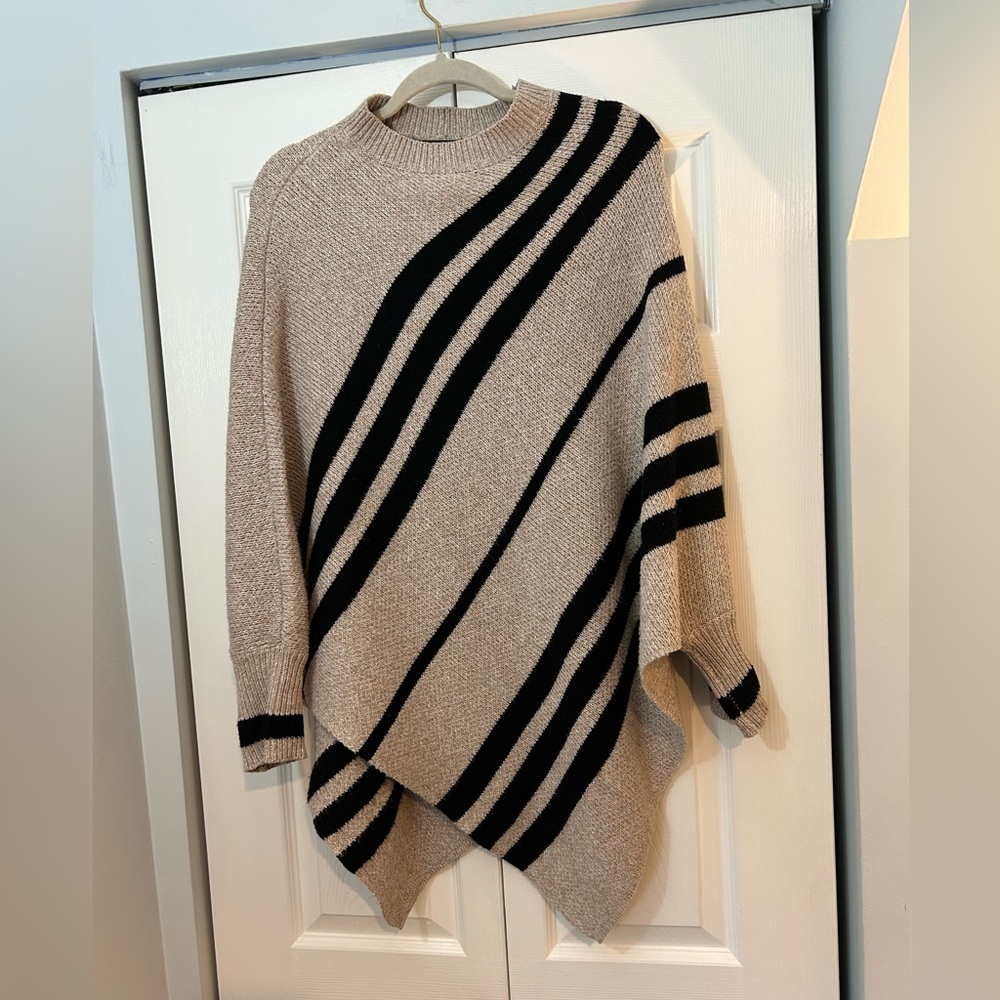 SHEIN Oversized Asymmetrical Sweater Beige Black Stripe Cozy Knit OS